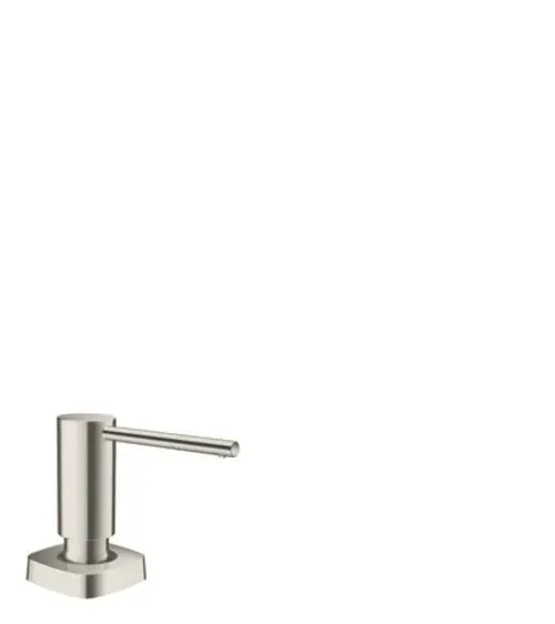 Edelstahl Spülmittel- oder Lotionenspender von Hansgrohe mit einem zylindrischen Körper und einem langen, schmalen Auslauf, montiert auf einem quadratischen Sockel.